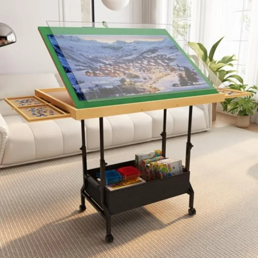 

Puzzle table for adults and enthusiasts: adjustable, tilting, rolling, storage design; MDF wood, walnut brown; 34 x 26 surface