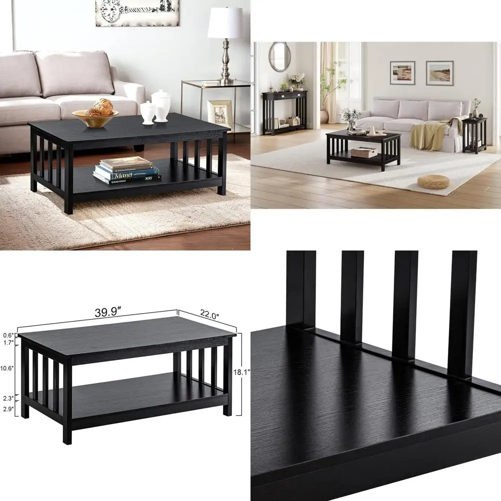 طاولة القهوة ChooChoo Mission، طاولة غرفة المعيشة الخشبية السوداء مع رف، 40 أسود #1