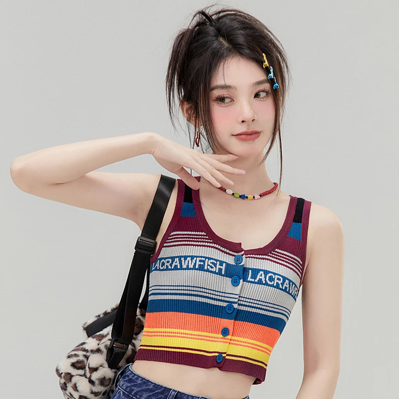 Summer Retor Letter Fashion Dopamine Women y2k costume's Tank Top Rainbow Stripe Tank Top Streetwear Female Vest Crop Tee