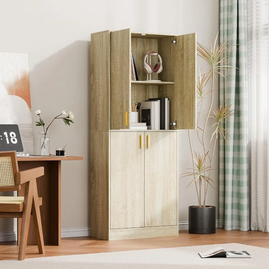 Lemari Penyimpanan Kayu Tinggi 71 cm dengan 4 Pintu dan Rak yang Dapat Disesuaikan untuk Dapur, Ruang Makan, Ruang Tamu, atau Kamar Mandi