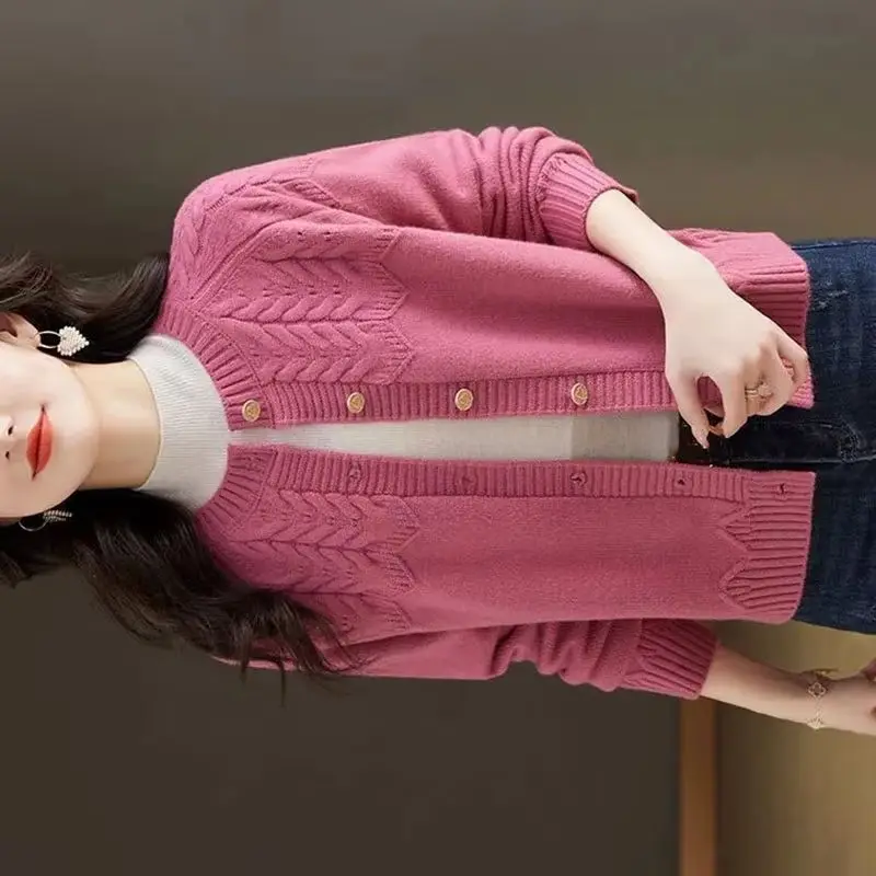 

Вязаный кардиган, женский свитер, новинка 2025 года, весна-осень, однотонный женский свитер с круглым вырезом, винтажный повседневный женский свитер Waichuan, топы