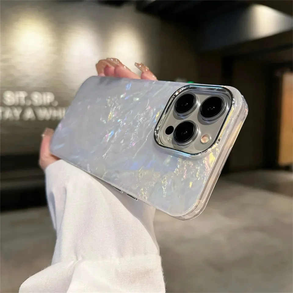 Laser Sea Shell Pattern IMD Phone Case for iPhone 11 12 13 14 15 Pro Max 7 8 Plus X XR XS Max Plating Shockproof Ultrathin Cover
