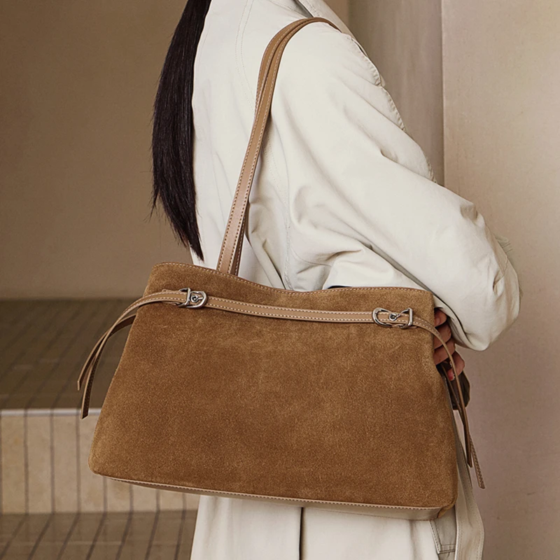 

Burminsa Suede Cow Genuine Leather Large Shoulder Tote Bags For Women 2025 Luxury Designer Bucket Shopper Office Ladies Handbags