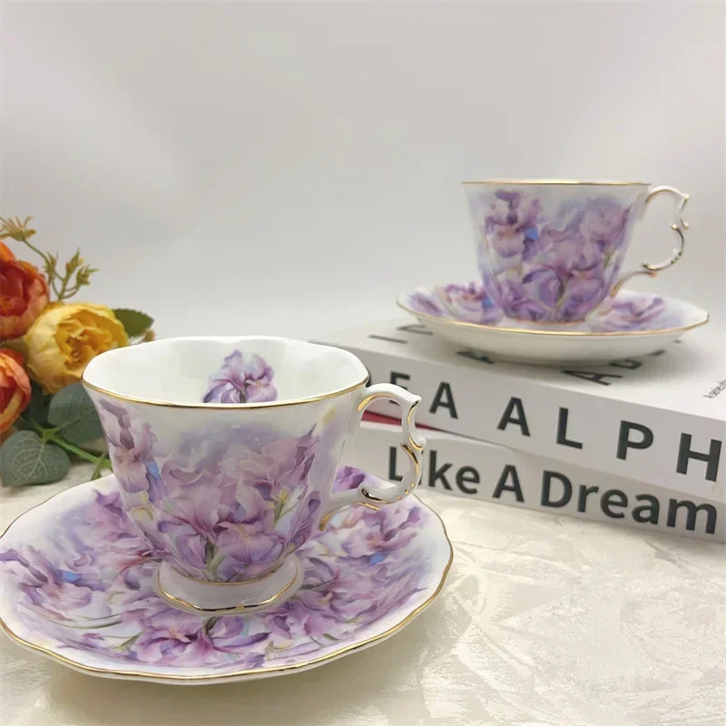 Bone China Cup and Saucer Iris Flower Coffee Mug Teapot Purple Flowers Elegant Drinking Set Luxury Ceramic Cup and Saucer Gift