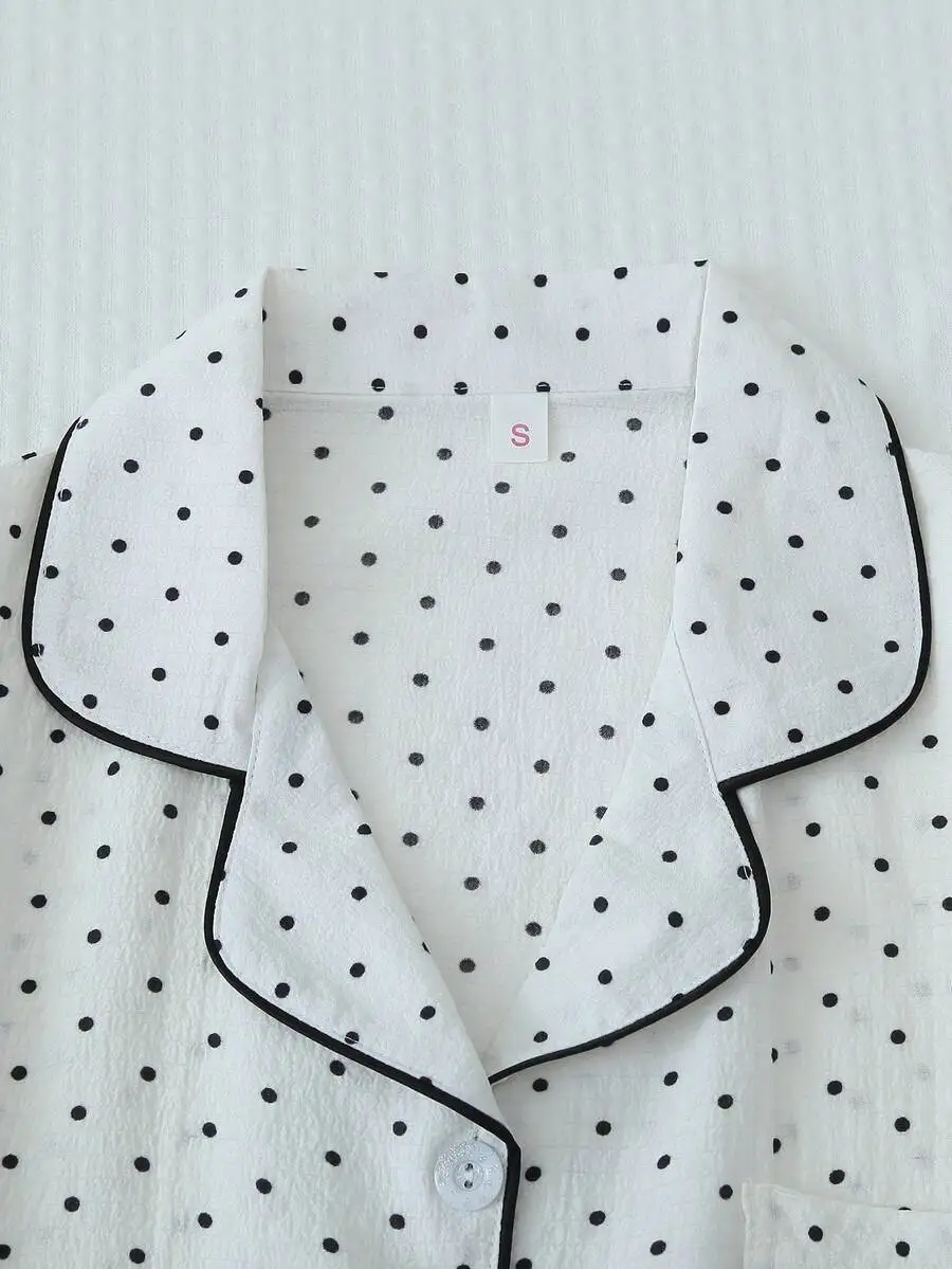 Womens Polka Dot Pajama Set With Contrast Trim Button-Down Top And Shorts Summer White Two Piece