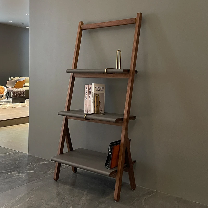 Customized Italian minimalist bookshelf, saddle leather, floor to floor multi-layer storage rack, wall to wall creative size,