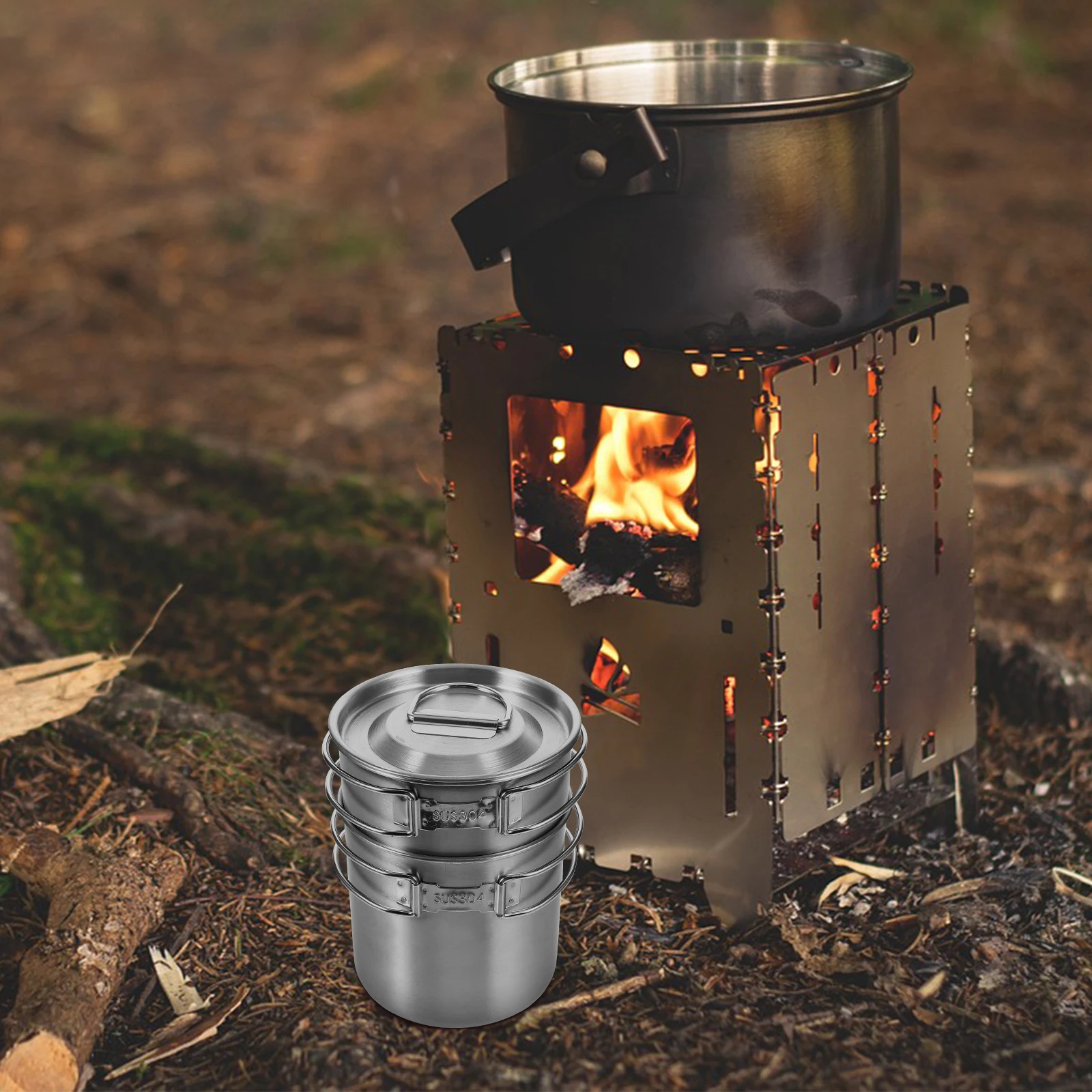 

Portable Stainless Steel Camping Cookware Set Stackable Outdoor Water Cup Hiking Gear Coffee Mug Tea Pot Foldable Handle