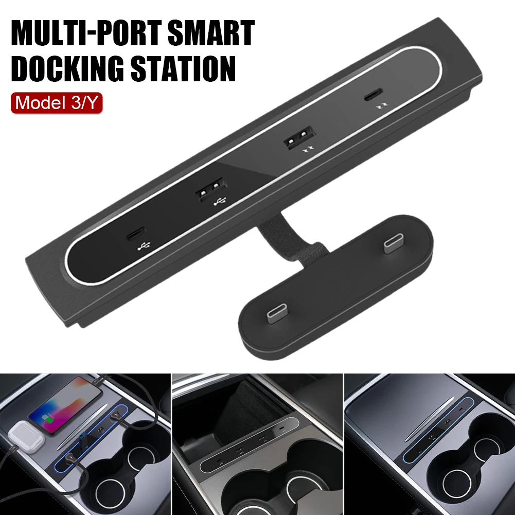 For Tesla 2021 Model 3 Model Y 27W Fast Charger Intelligent Docking Station 4 In 1 USB Shunt Hub Decoration Interior Accessories