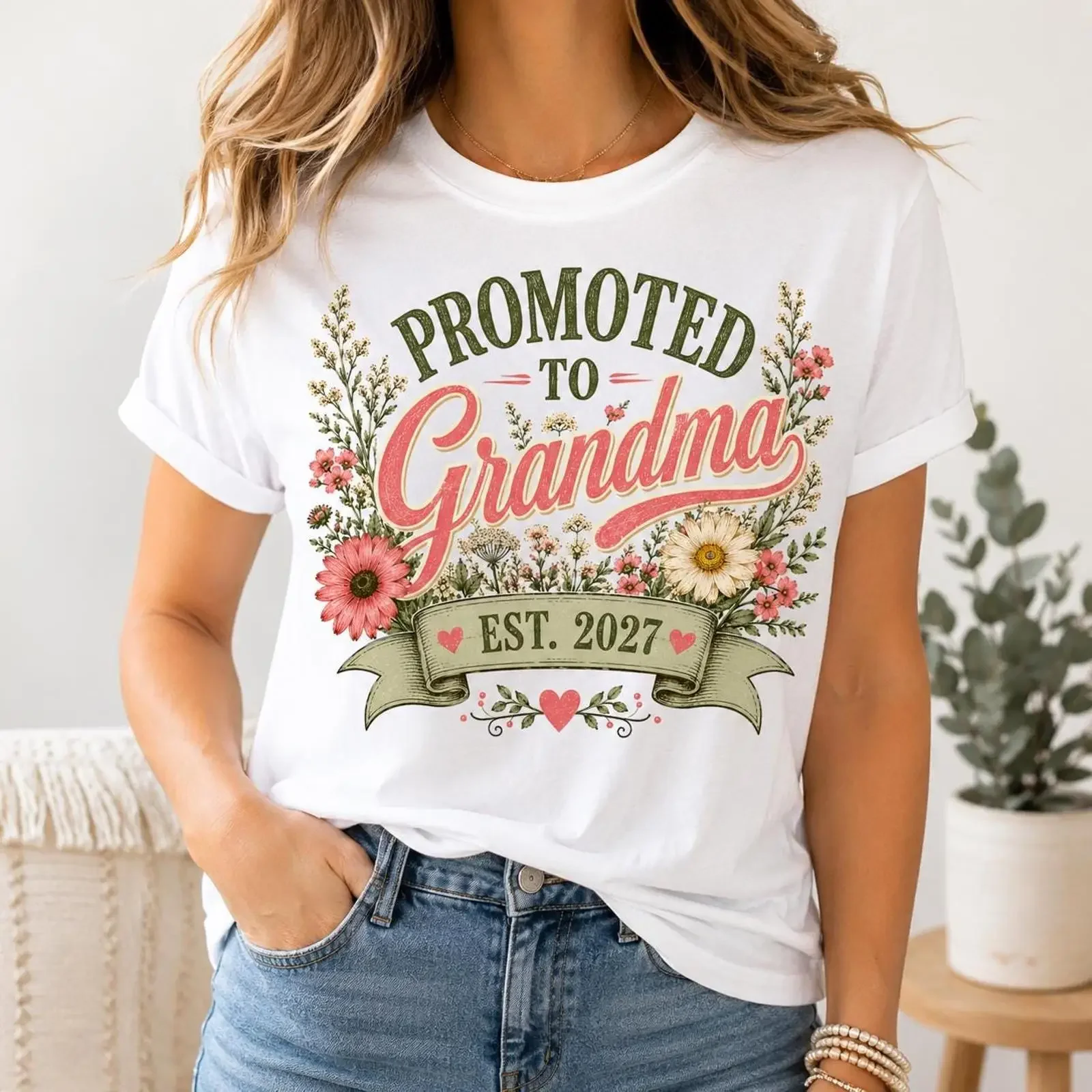 Promoted to Grandma Est 2027 Wildflower Floral T Shirt vintage Washed Versatile Top For Everyday Wear Unisex Comfortable