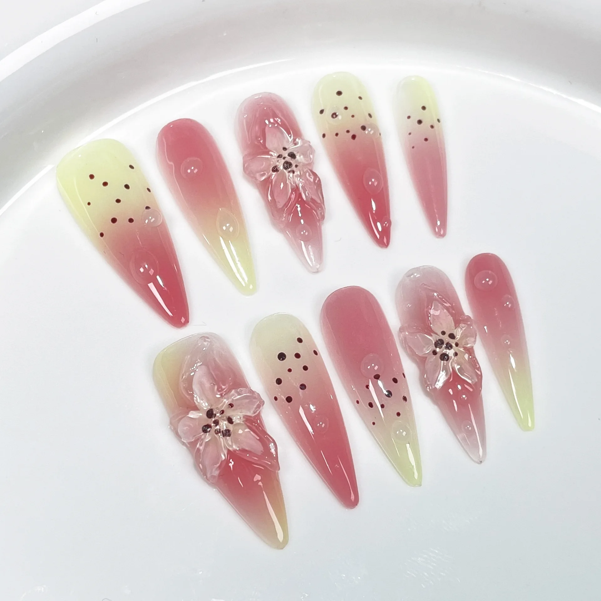 10Pcs Long Almond Handmade Press On Nails Full Cover 3D Flower Design Gradient Clear False Nails Wearable Manicure Nail Tips Art