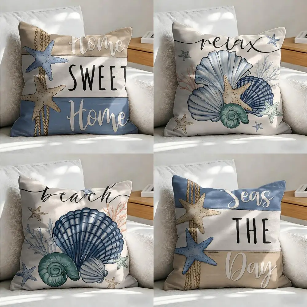 Coastal Beach Summer Scene Cushion Cover Soft Short Plush Pillow Cover Smooth Cozy Texture Aesthetic Cushion Case Home Decor