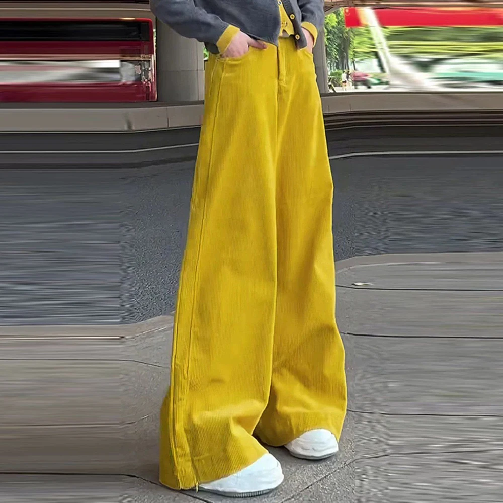 Pantaloni a gamba larga in velluto a coste giallo diamante pantaloni da pavimento slim a vita alta larghi dritti per bambini 2025 nuovi