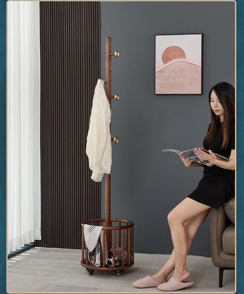 Dirty Clothes Basket Floor Hanger Bedroom Solid Wood Coat and Hat Rack Home Indoor Room Movable Multifunctional Hanger