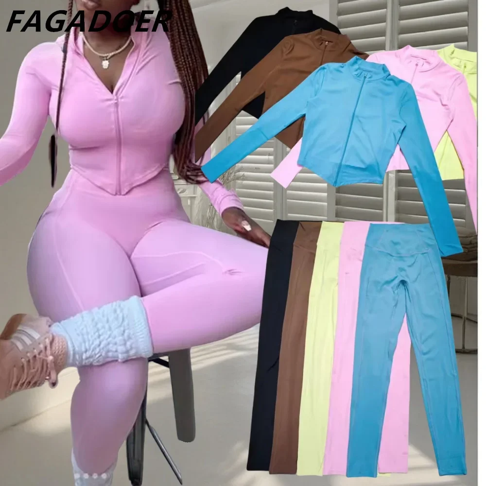 FAGADOER Candy Color Sporty 2pcs Sets Outfits Quality Stretchy Tracksuit Female Workout Streetwear Jacket + Leggings Pants Suit