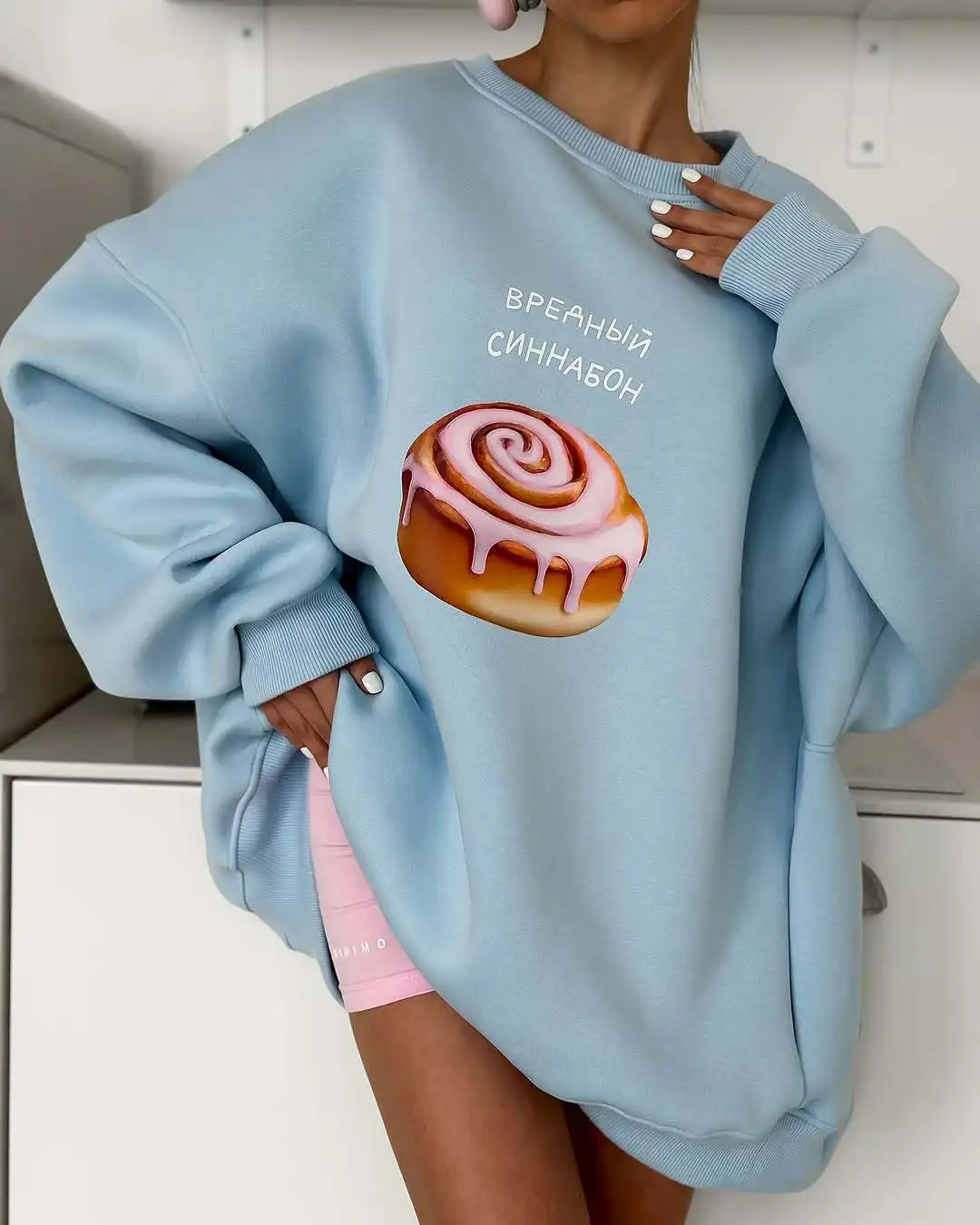 

New Style Loose Print Hoodie, Cute Cake Design, Round Neck, Oversize, Mid-Length, Lazy Pullover Hoodie
