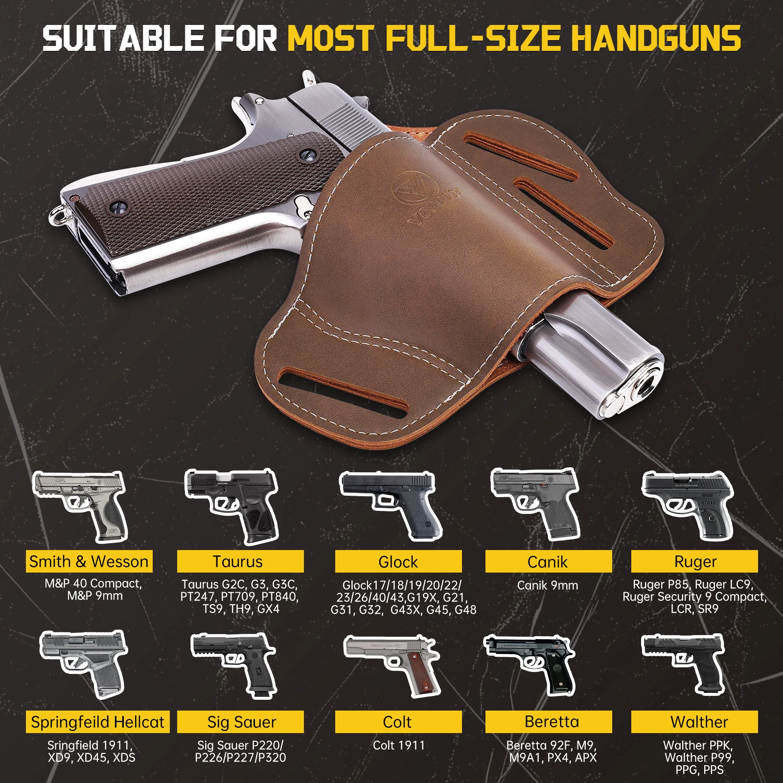 

Кожаная кобура для пистолета OWB 1911, кобура для блинов с 3 слотами, подходит для Glock 17/19/19x/22/23/31,/32/45, Colt 1911, Springfield 1911