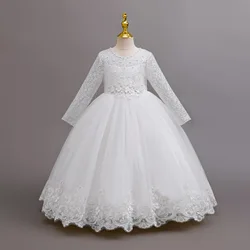HETISO Long Sleeve Children Princess Dress Embroidery Lace Performance Party Wedding Prom Baby Girl New Year Dresses 6 8 10 12Y