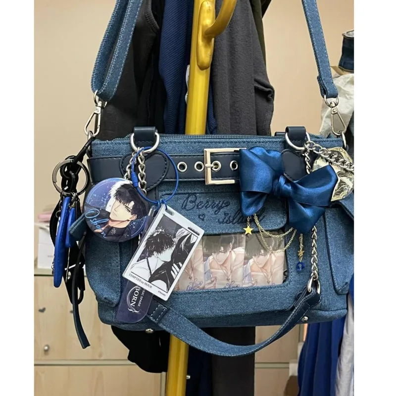 

Denim Love Chain Tote Bag 2024 Japanese Fashion Motorcycle Style Zipper Pain Bag Commuter Student Sweet Shoulder Bag 31x23x11cm