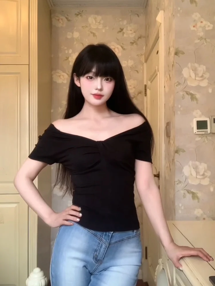 Pure Desire Sexy Bla-oulder ort-Slee T-shirt vrouwen Slim Fit Zomer Nieuwe Sle oulder Blootstelling Top