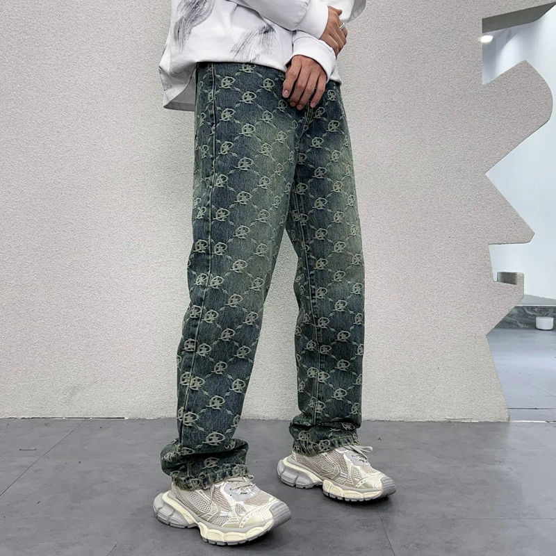 

Blue Embroidered Printed Jeans Men's Autumn 2024New Fashion American Men's Retro High Street Loose-Fitting Wide-Leg Y2K Trousers