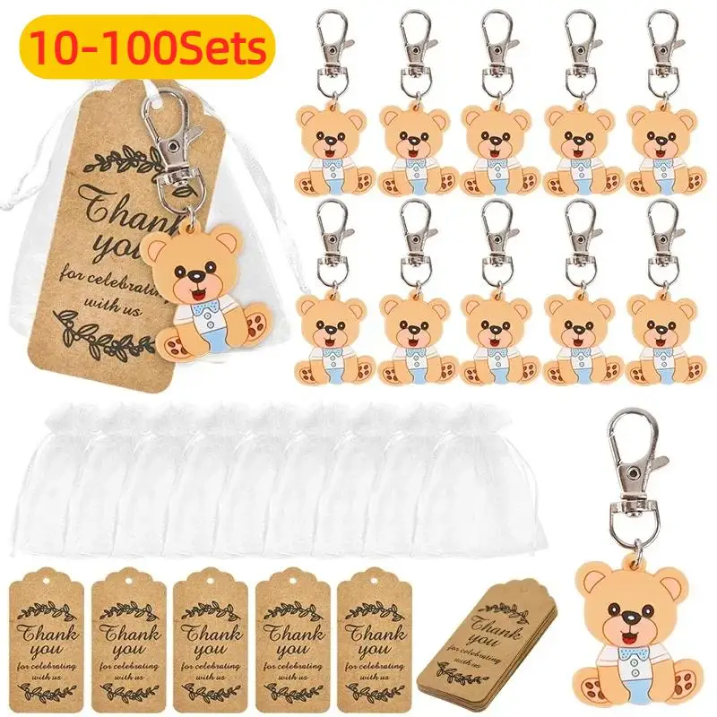 10-100sets baby shower souvenir organza gift bag with thank you tag bear keychains girl boy gender reveal birthday party favors