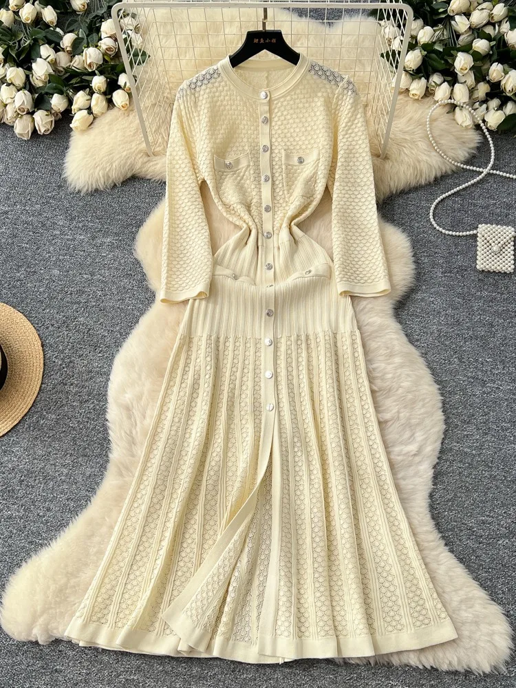 

Повседневное свободное вязаное платье с цветочным крючком, женские осенне-зимние платья, новые однотонные плиссированные платья макси с круглым вырезом и длинными рукавами с разрезом