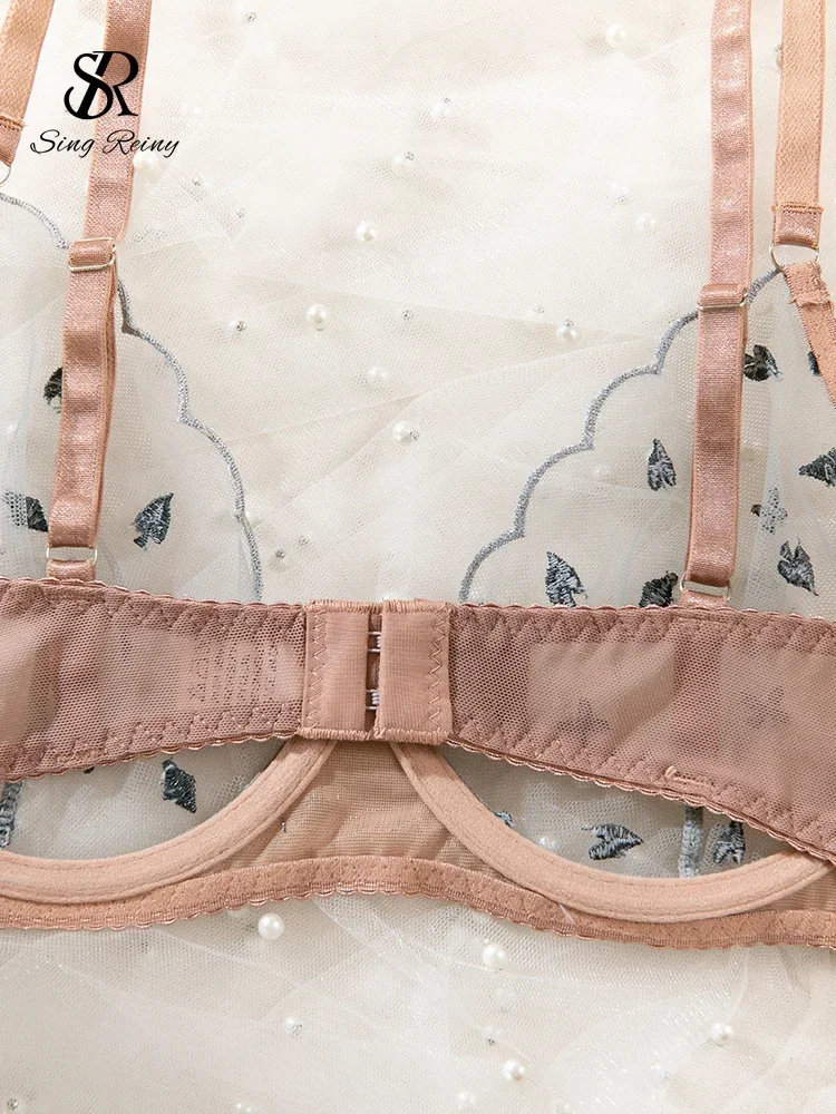 SINGREINY Set di reggiseni erotici trasparenti ricamati alla moda Lingerie aderente di alta qualità Porno Club sexy Abiti intimi trasparenti