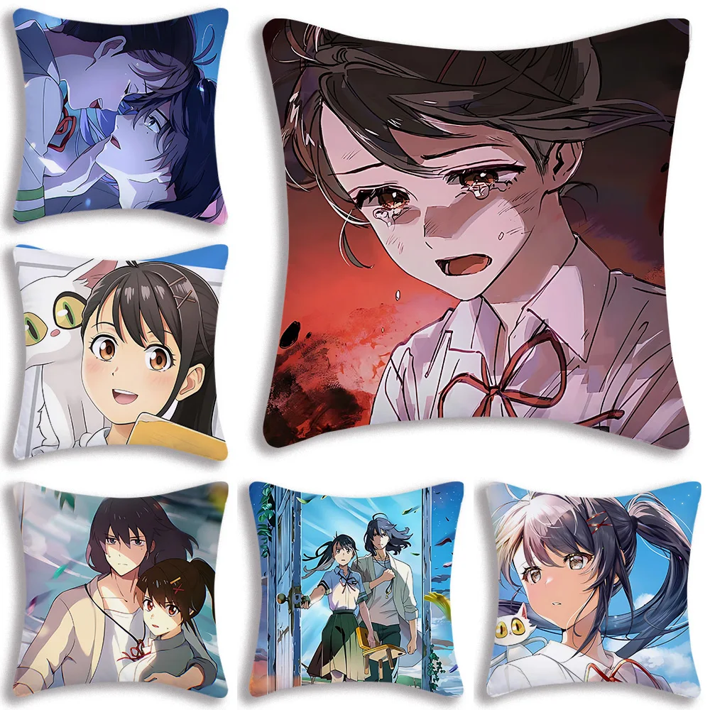 Anime Suzume Pillow Covers Cartoon Sofa Decorative Home Double-sided Printing Short Plush Cute Cushion Cover