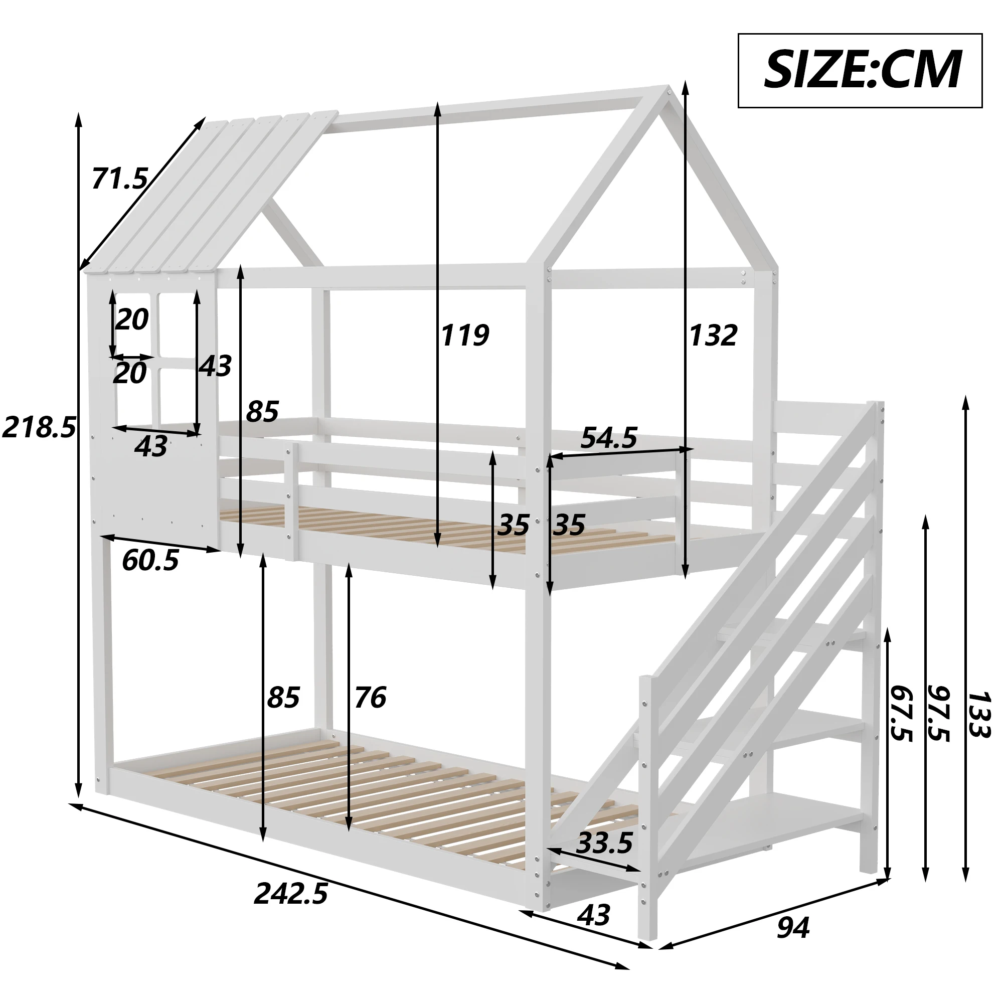 200x90cm Doppelbett, Bett mit Ecktreppe, Hausbett, Kinderbett mit Fallschutz und Gitter, mit Fenster, Gestell aus Kiefernholz