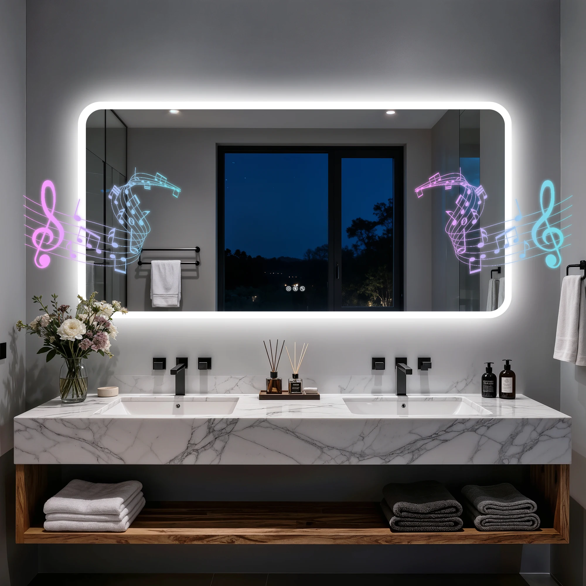 Smart LED Bathroom Mirror with Bluetooth Speakers Rectangle Illuminated Vanity Mirror Dimmable 3 Colors Anti Fog Touch Control Wall Mount