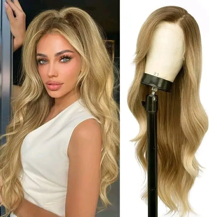 

HD Lace Front Wig Blend Highlights Wavy Curly Natural Dirty blonde