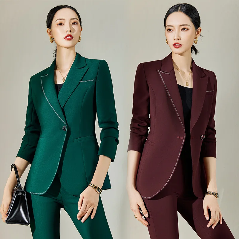 

New Long Sleeve Solid Color Red Business Wear Socialite Green Work Uniforms Blue Women's Pants Suit