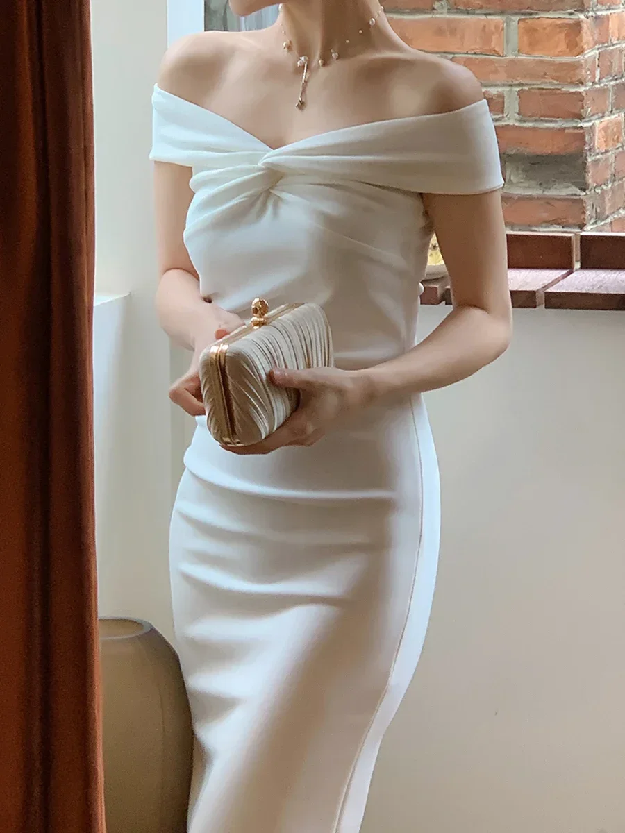 2023 French Elegant Women Wedding Party Dress Fashion Vintage Slash Neck Sheath Robe Female Sundress Retro Evening Dress Vestido