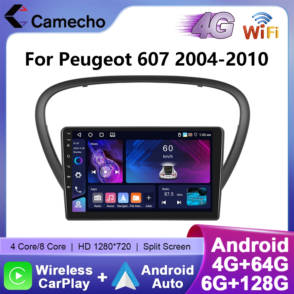Camecho 6 + 128G اللاسلكية CarPlay أندرويد السيارات راديو السيارة لبيجو 607 2004 2005-2010 نظام تحديد المواقع ستيريو 4G واي فاي سيارة مشغل وسائط متعددة