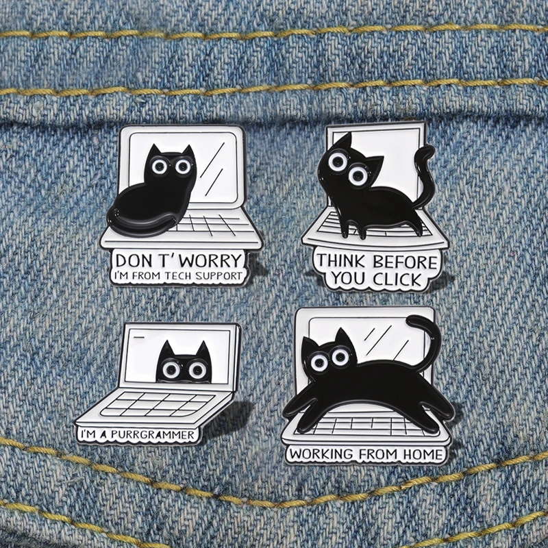 BEFORE YOU CLICK Pines Lapel Badges WORKING FROM HOME Funny Jewelry Gift for Friends Black Cat Enamel  Brooch Custom THINK