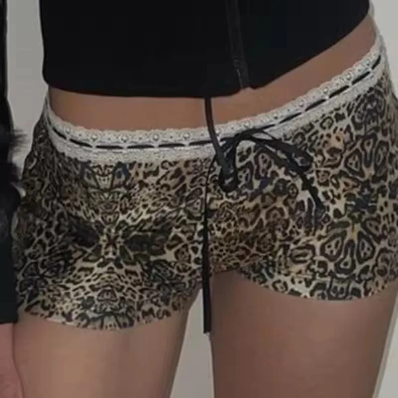 Y2K NEW Hot Sexy Leopard Print Shorts Streetwear y2k Lace Patchwork Bow Low Rise Skinny Short Pants Women Vintage 2000s Clothing