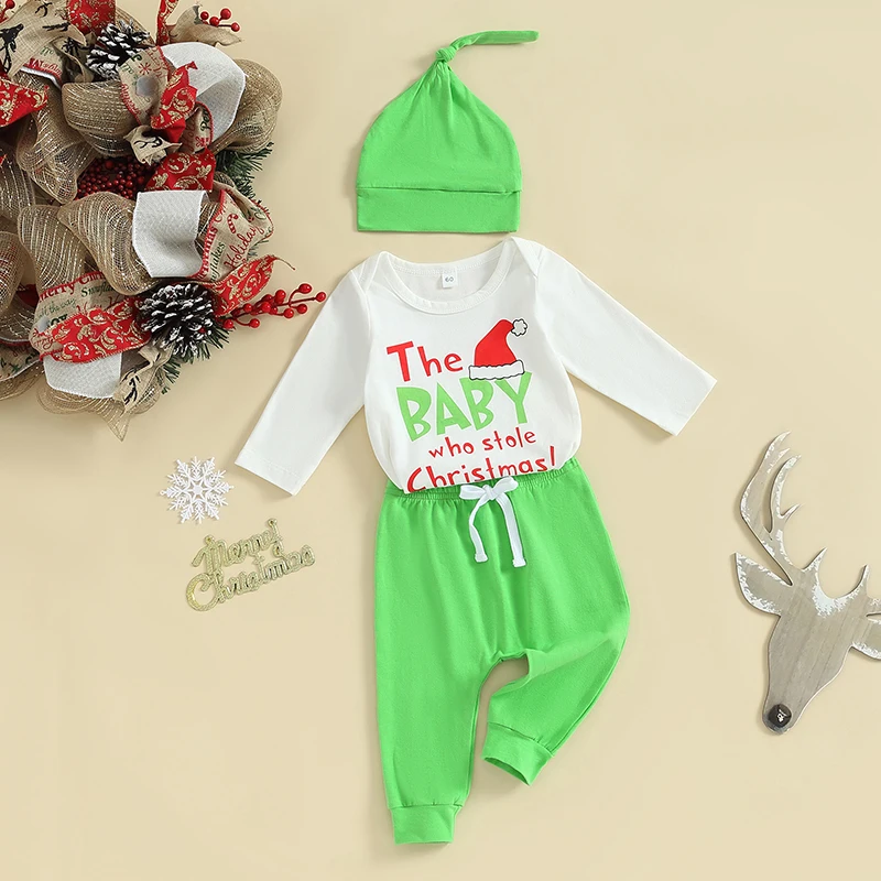 Toddler Girls 3-Piece Outfit Set with Long Sleeve Letter Print Romper Green Pants and Christmas Hat - Adorable Holiday