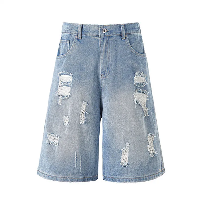 

Summer Men's Denim Casual Shorts Fashion Hole Streetwear Jean Shorts Solid Color Straight Thin Vintage Denim Knee Length Pants
