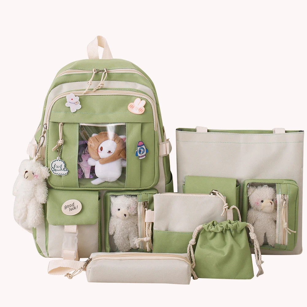 Set da 5 pezzi Zaino per ragazze Kawaii per borsa da scuola per studenti Zaino per ragazze per adolescenti Borse per libri Astuccio per donne Zaino da viaggio Tote