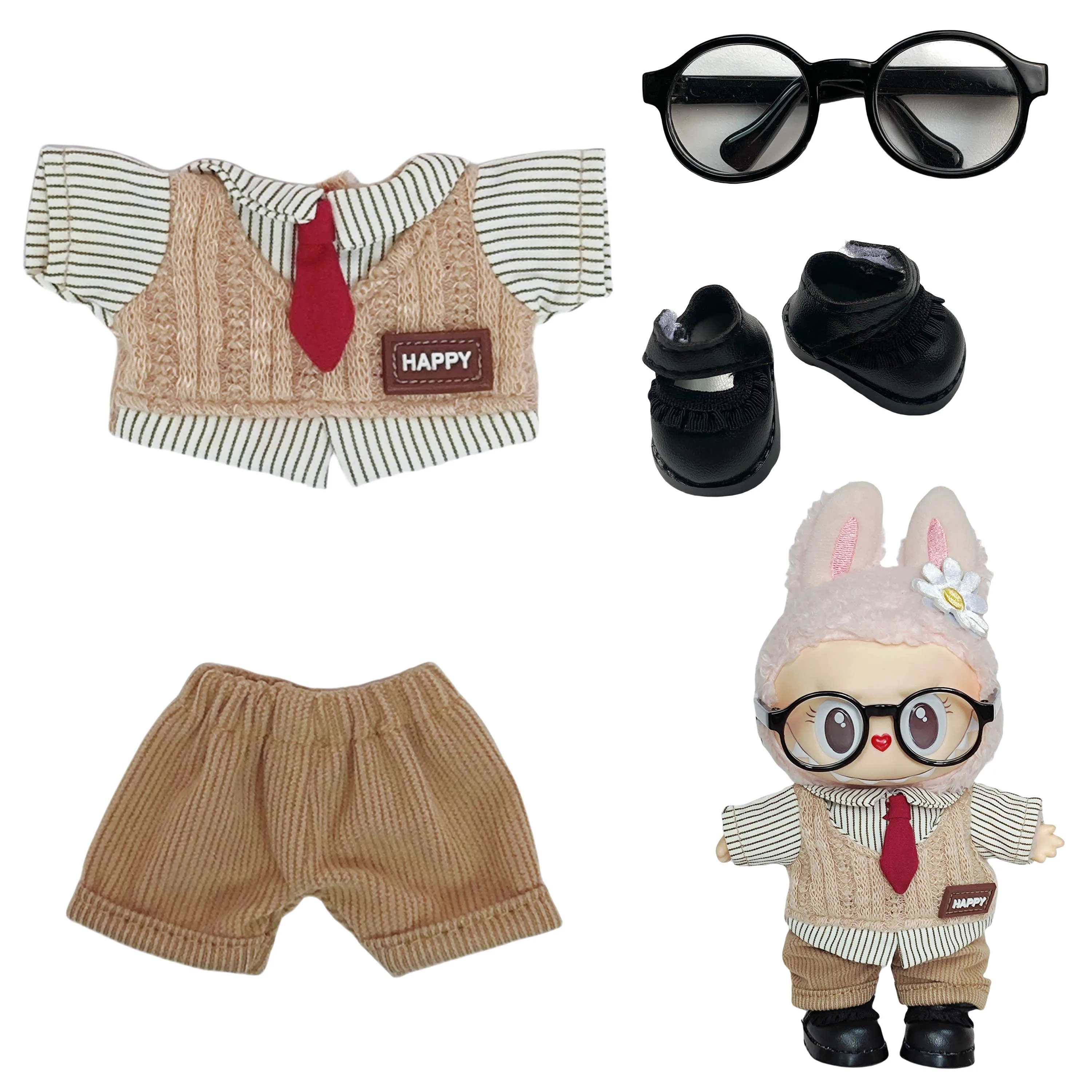 

17cm Labubu Academic Style Fake Two-Piece Set - Preppy Vest & Shirt Combo for Dolls