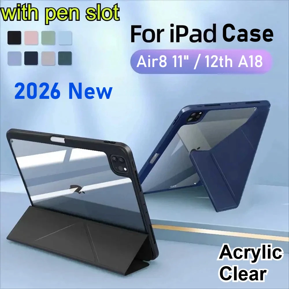 

Acrylic Pen Holder Smart Case for IPad 12th A18 Air 8 2026 Pro 11 13 M5 M4 M2 M3 A16 11th 10th 10.5 10.2 7/8th 9.7 Mini7/6 Cover