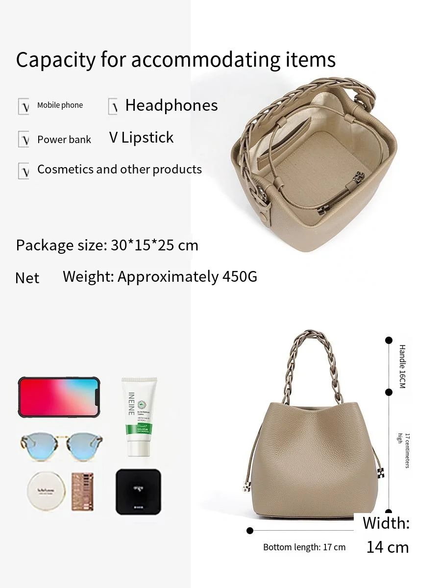 First Layer Cowhide One-Shoulder Crossbody Bag For Women's Handbag Bag New Summer Women's High-end Genuine Leather Bucket Bag