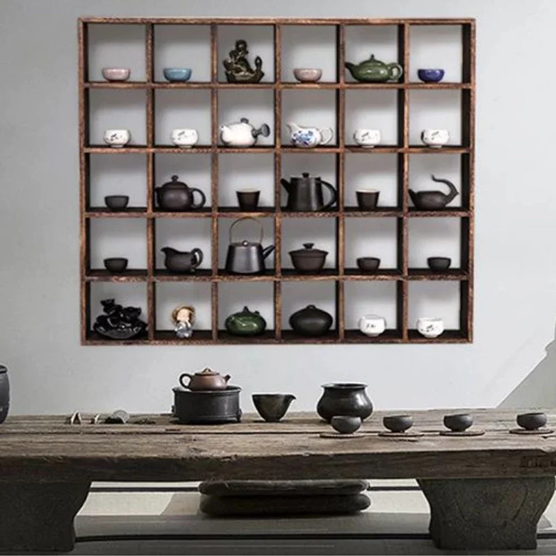 Solid Wood Wall-Mounted Display Shelf Vintage Tea Set Organizer Chinese-Style Curio Cabinet Decorative Hanging Storage Rack