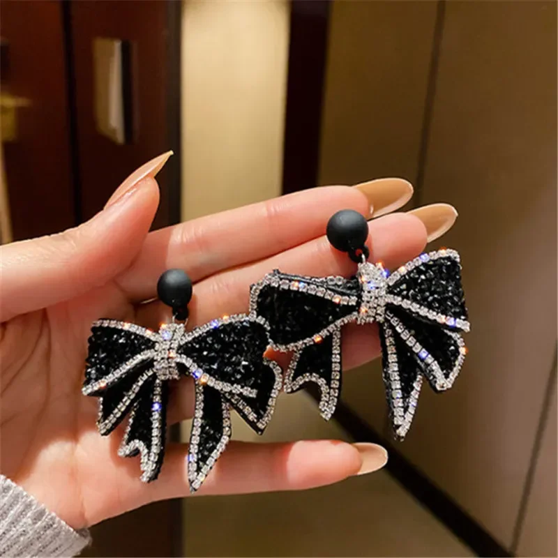 Korean Style Black Bowknot Dangle Earrings for Women Rhinestone Earrings Weddings Party Jewelry Accessories