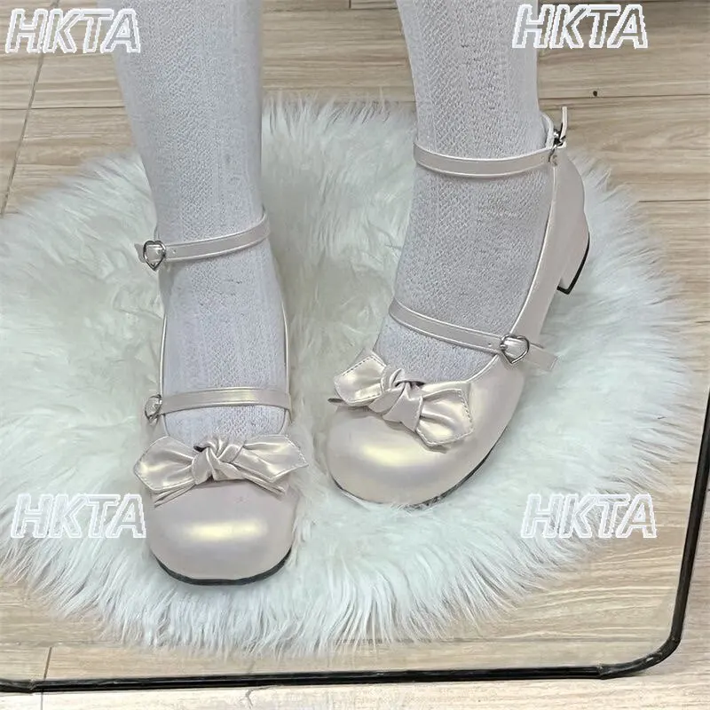

Japanese 2026 Spring Lolita Round Head Kawaii Cute Bow Mary Jane Shoes Low Heel Pumps Ladies Sweet Thick Heel White Shoes Women
