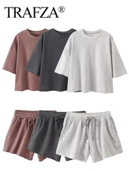 TRAFZA Summer Shorts Set Solid Casual O-neck Short Sleeves Top Loose T-shirt Pajamas Female Basic Drawstring Shorts Pockets