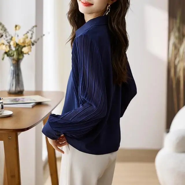 Navy Blue Professional Outfit Patchwork Polo Collar Chiffon Shirt for Women Fashionable and Beautiful Temperament Base Shirt