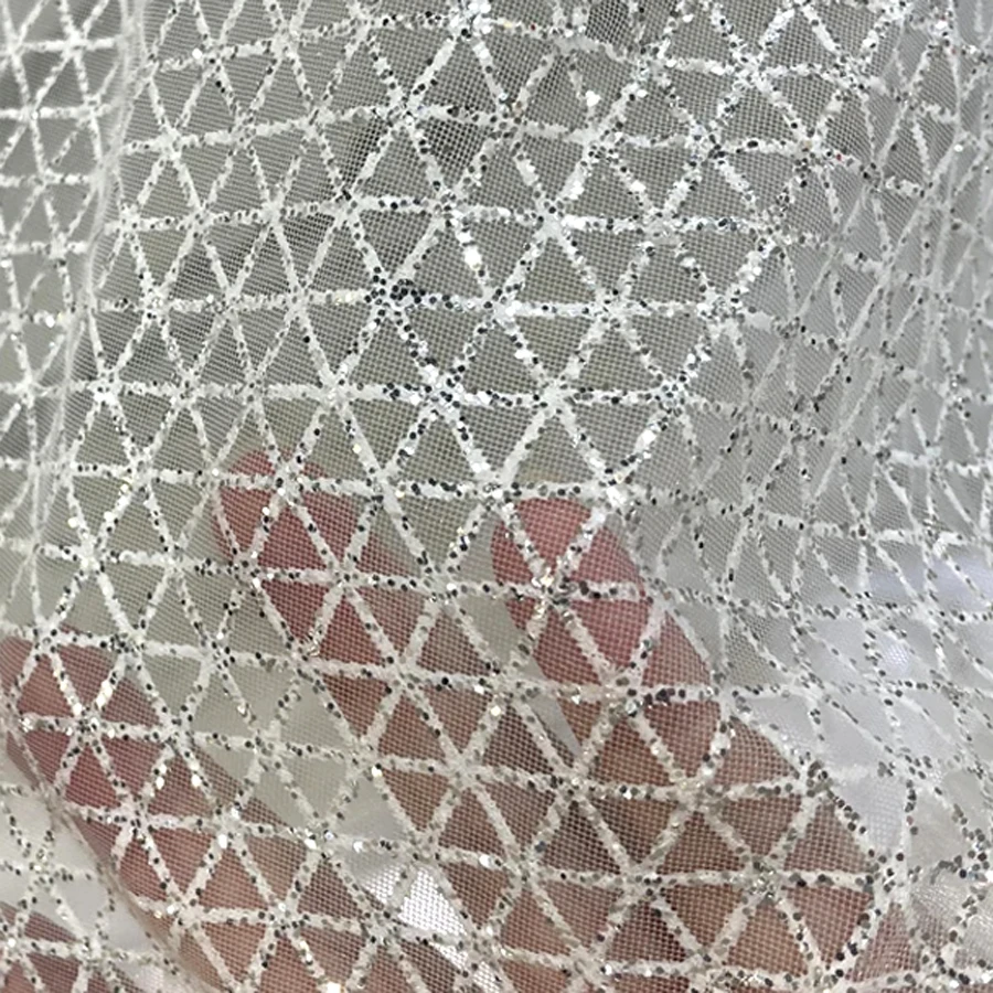 

Grid Silver Glitter Net Yarn Hot Diamond Spray Shiny Diamond Mesh Bridal Lace Net Yarn Hot Stamping Wedding Dress Fabric