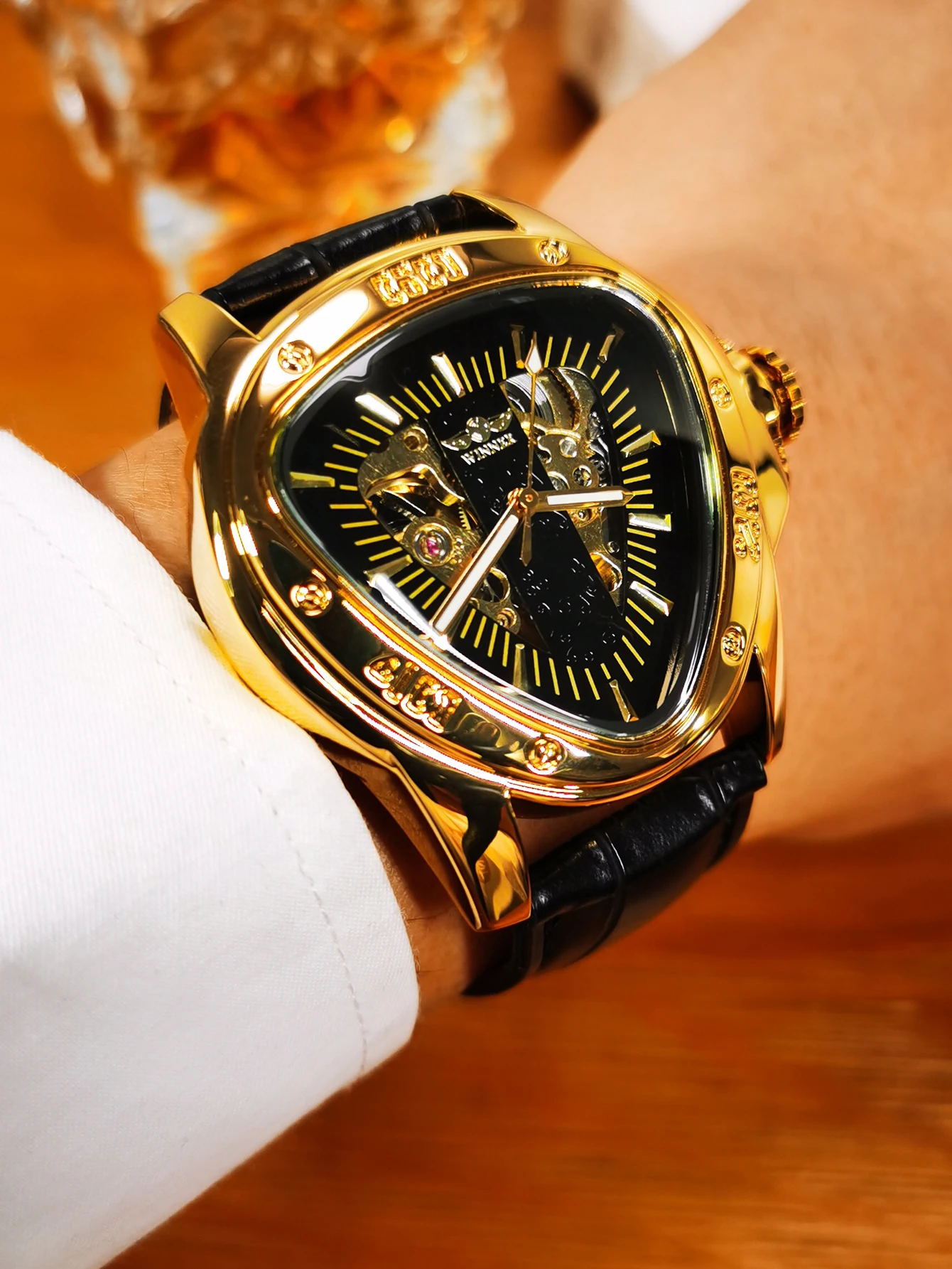 WINNER Military Triangle Skeleton Watch for Men Luminous Luxury Sports Automatic Mechanical Watches Gold Stainless Steel Strap