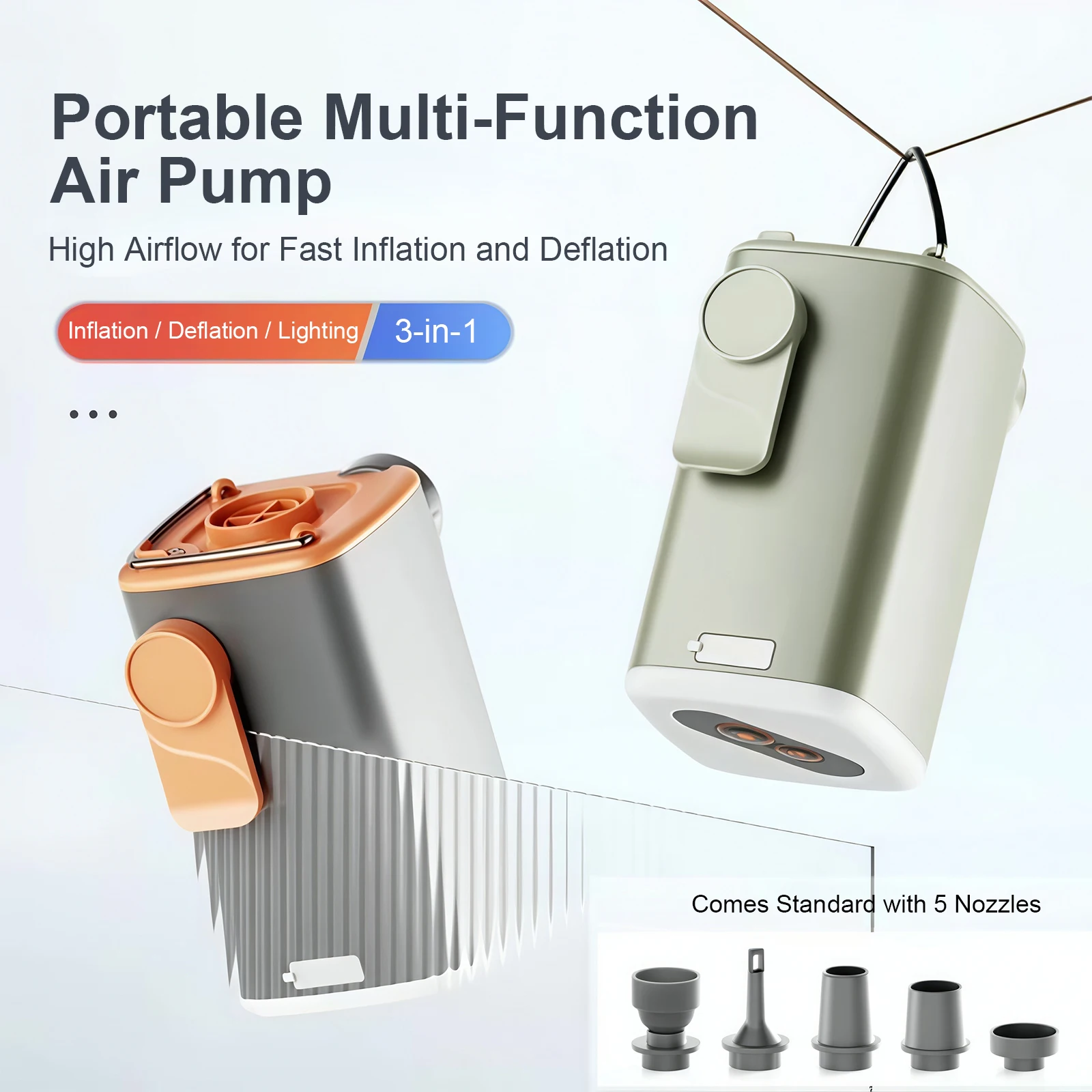 

Portable Air Pump for Inflatables, 1300mAh Ultra Powerful Mini Air Mattress Pump with Camping Light, 3.5kPa Electric Air Pump